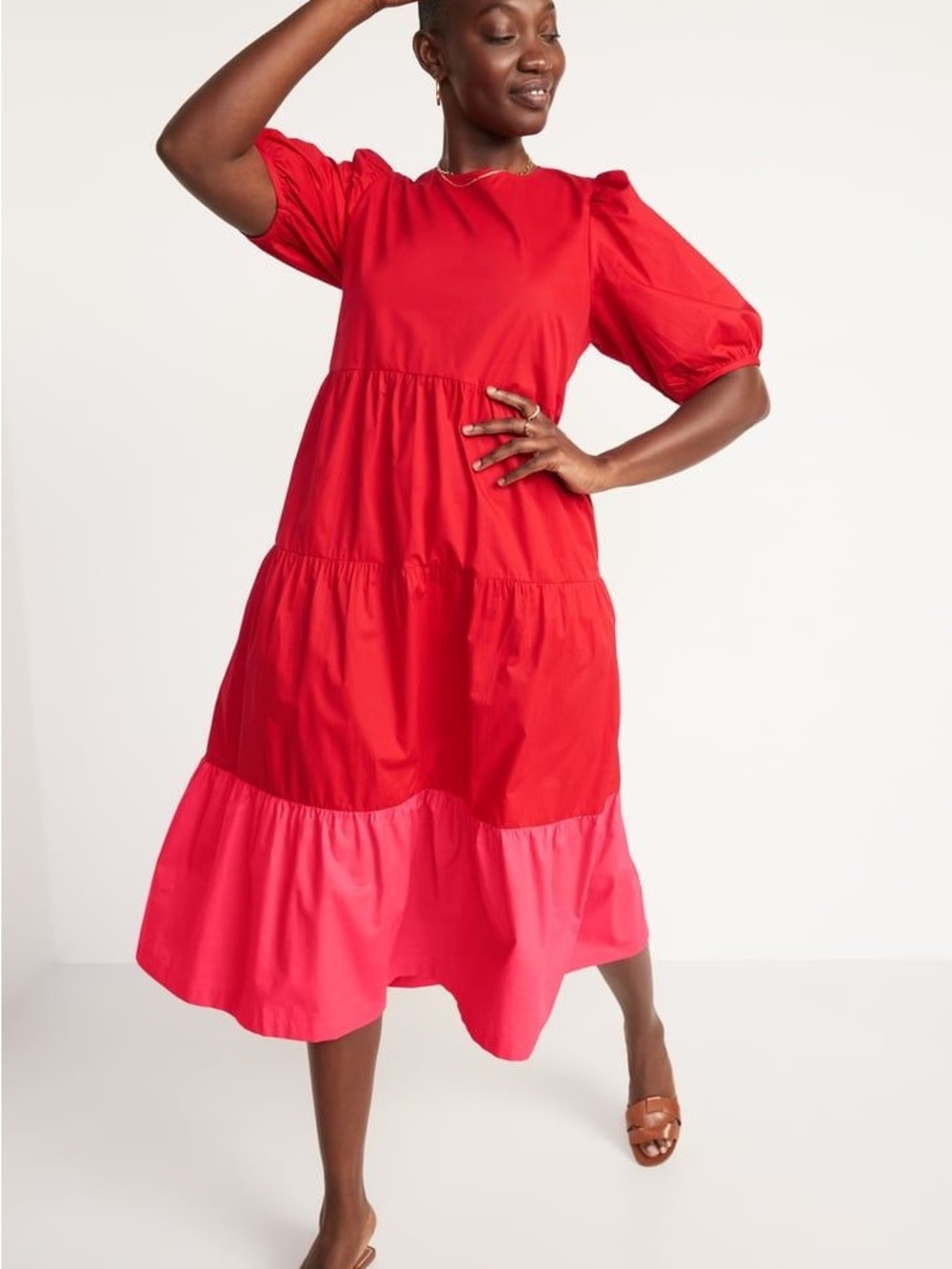 Old Navy Red and Pink Tiered Midi Dress with Puff Sleeves